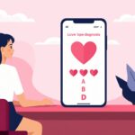 恋愛が続かない原因タイプ診断をスマホで受けている10〜20代女性のイラスト。4つに分かれたハートアイコンが表示された画面を見つめている様子