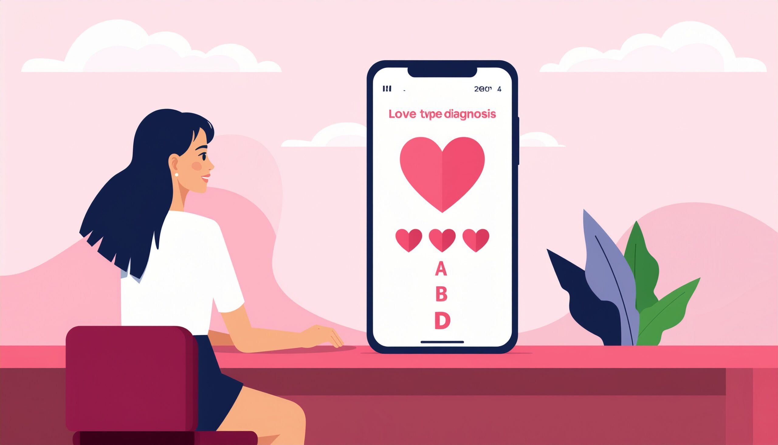 恋愛が続かない原因タイプ診断をスマホで受けている10〜20代女性のイラスト。4つに分かれたハートアイコンが表示された画面を見つめている様子