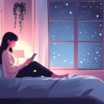 窓の外にクリスマスイルミネーションが見える部屋で、彼氏から「クリスマスは会えない」と書かれたスマホ画面を見つめて不安そうにベッドに座る20代女性のイラスト