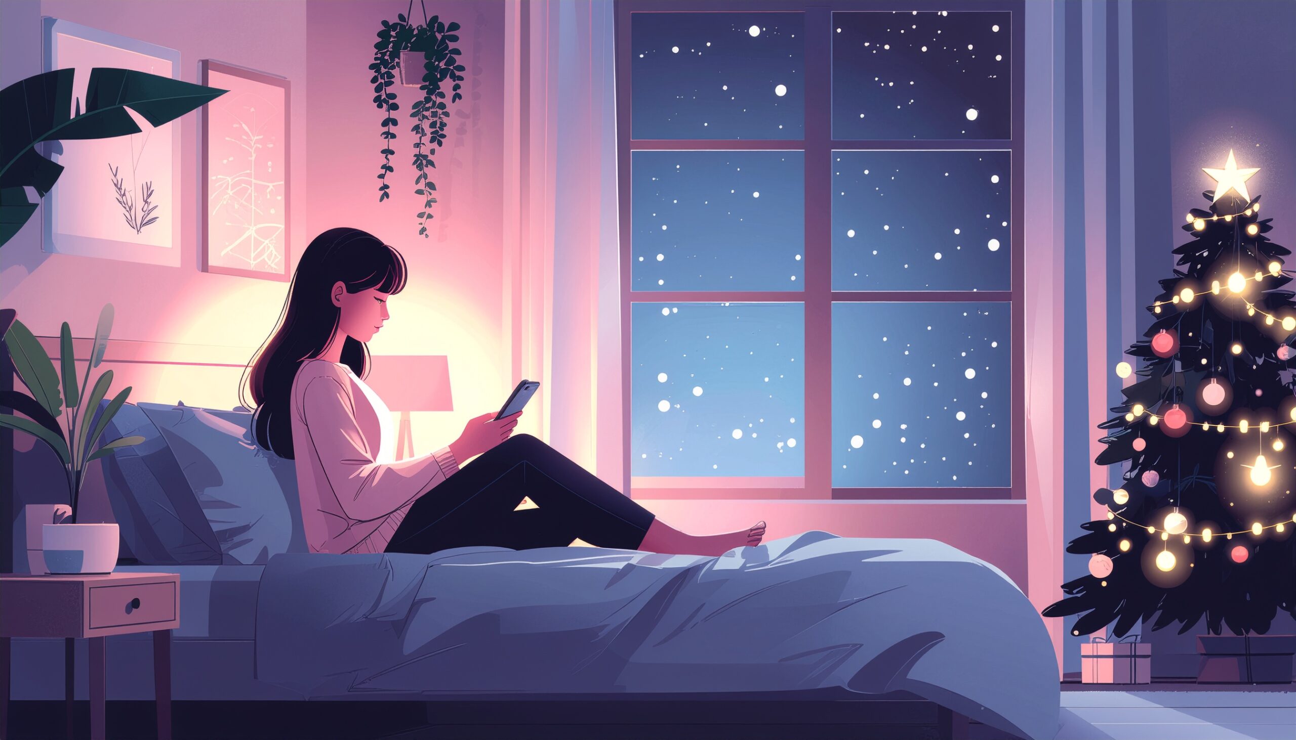 窓の外にクリスマスイルミネーションが見える部屋で、彼氏から「クリスマスは会えない」と書かれたスマホ画面を見つめて不安そうにベッドに座る20代女性のイラスト