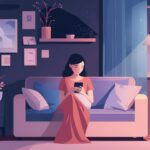 彼氏からの連絡が少なくて不安になり、夜ベッドでスマホの通知を見つめる不安型の20代女性を描いたイラスト