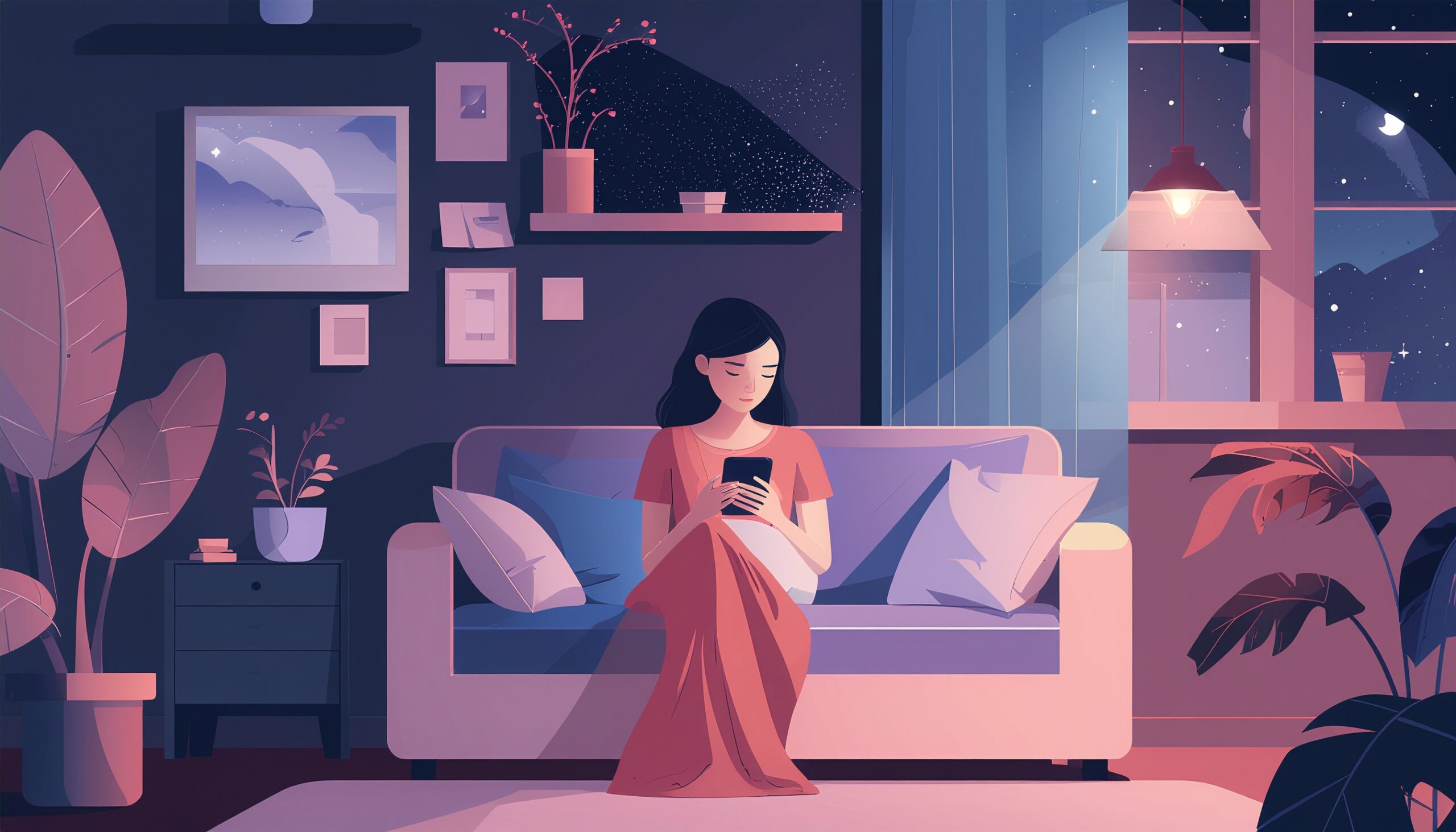 彼氏からの連絡が少なくて不安になり、夜ベッドでスマホの通知を見つめる不安型の20代女性を描いたイラスト