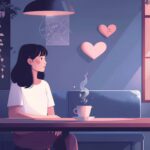 価値観の違いで「やっぱり無理」と恋愛が続かないミスマッチ型の20代女性が、カフェで一人考えている様子を描いたイラスト