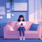 恋愛で「私が我慢すればいい」と自己犠牲しがちな20代女性が、夜の部屋でスマホを見ながら少し疲れた表情をしている様子のイラスト