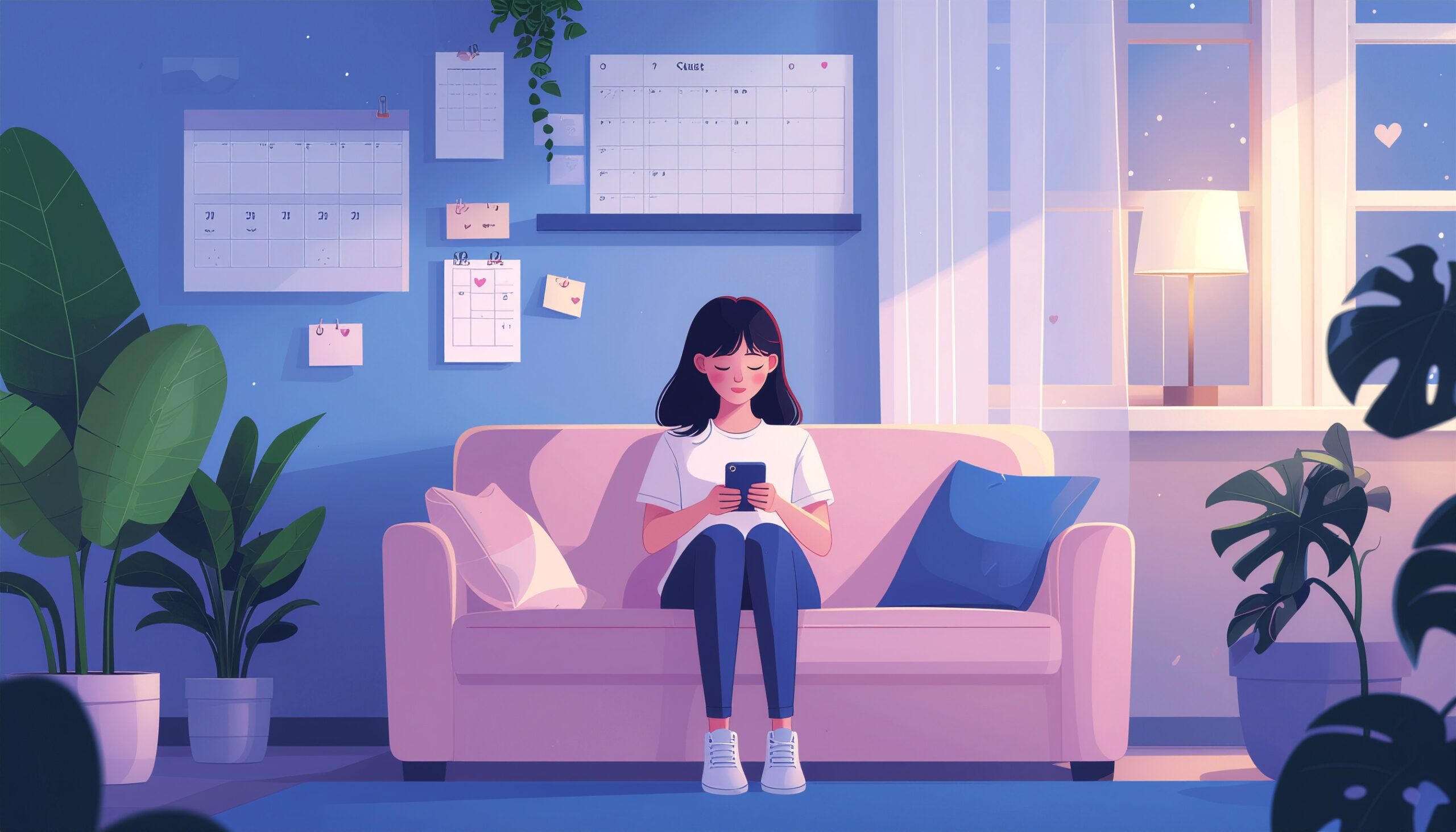 恋愛で「私が我慢すればいい」と自己犠牲しがちな20代女性が、夜の部屋でスマホを見ながら少し疲れた表情をしている様子のイラスト