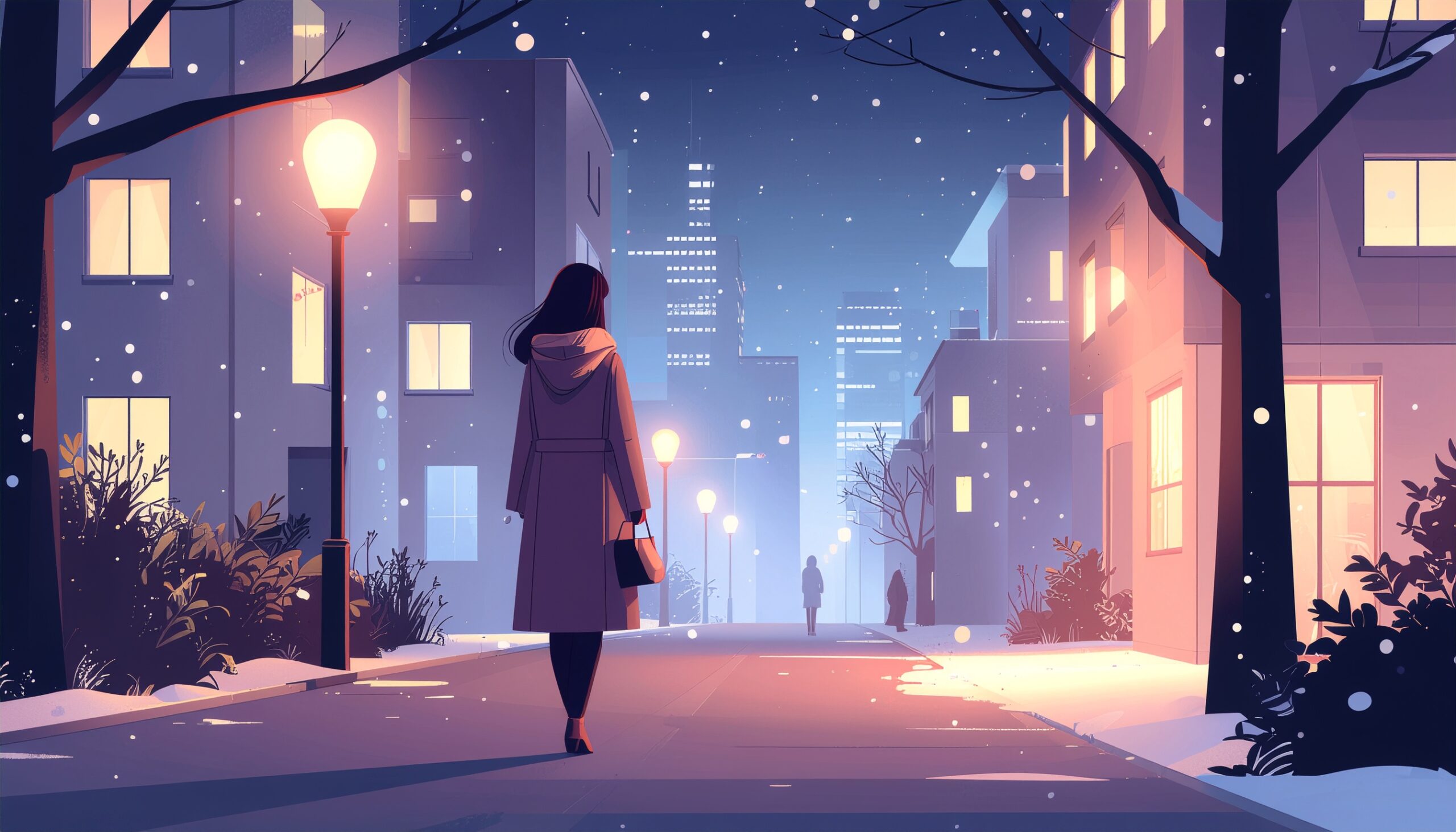 クリスマスの夜、イルミネーションが輝く街を一人で歩きながら少し切ない表情で前を向く20代女性の後ろ姿のイラスト